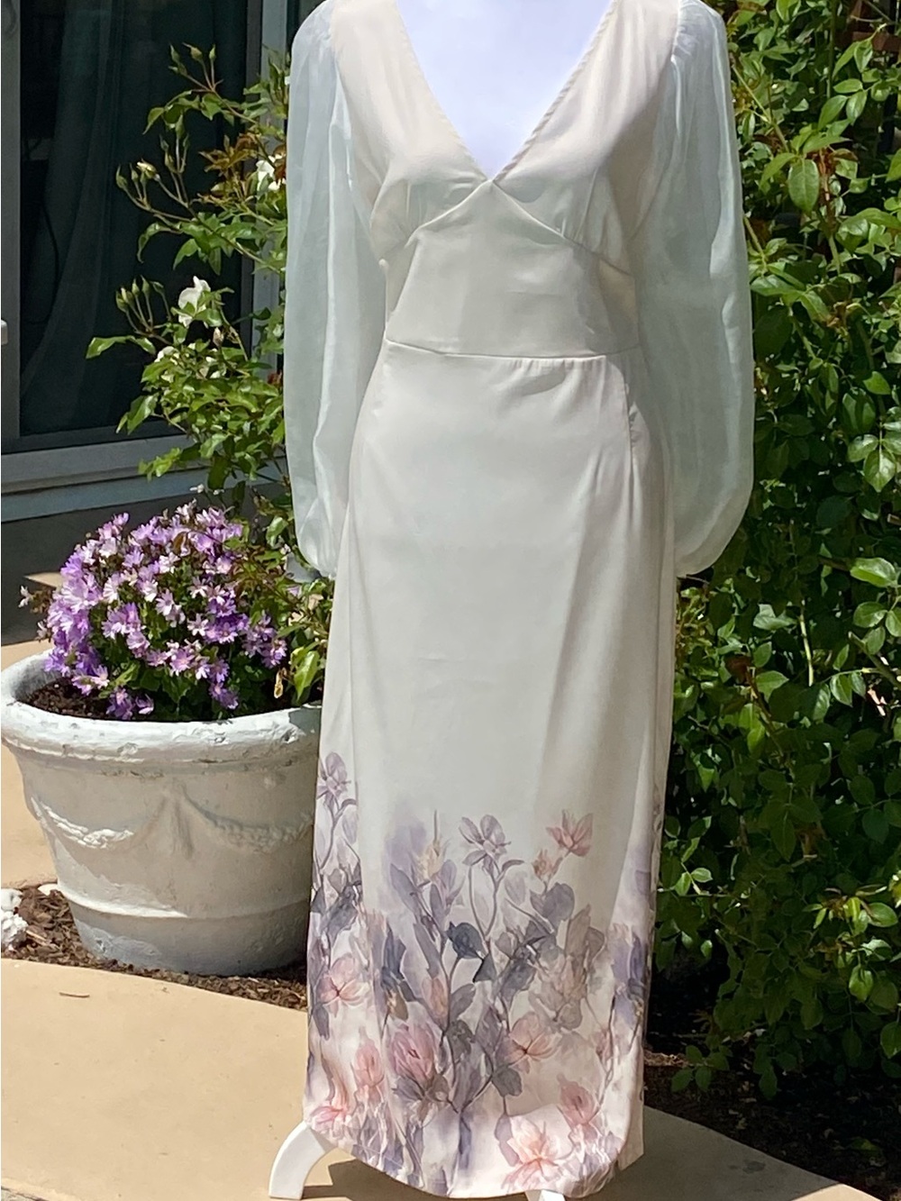 Ivory Floral Hem Long Sleeve V-Neck Maxi Dress